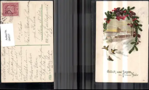 184517,Neujahr Winterlandschaft Vögel Tannenzweige Beeren Blätter Kirche