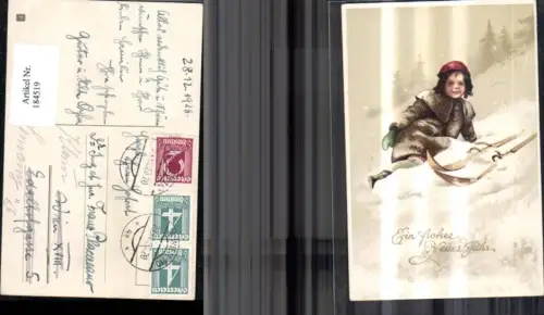 184519,Neujahr Kind m. Haube Mantel Handschuhe Schnee Ski