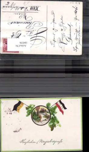 184536,Neujahr Winterlandschaft Tannenzweige Tannenzapfen Fahnen Patriotik