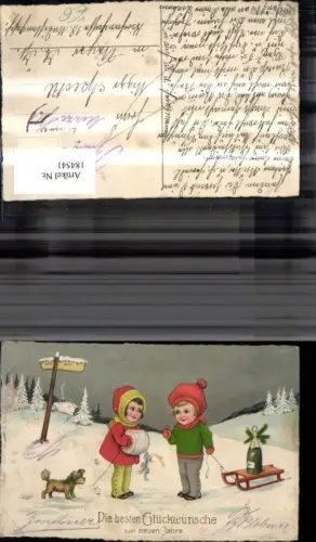 184541,Neujahr Winterlandschaft Wegkreuzung Kinder Hund Flasche Tannenzweig Schlitten pub Erika 6285