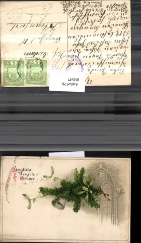 184547,Neujahr Tannenzweig Mistelzweig Glocke Kirchenfenster