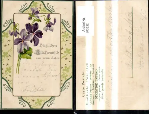 203238,Neujahr Präge Litho Veilchen Blume Passepartout Goldverzierung