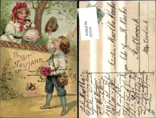 203241,Neujahr Präge Litho Kinder b. Mauer Matrosenanzug Puppe Hut Blumen