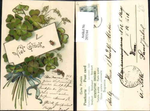 203244,Neujahr Litho Klee Kleeblätter Käfer Schleife Goldverzierung