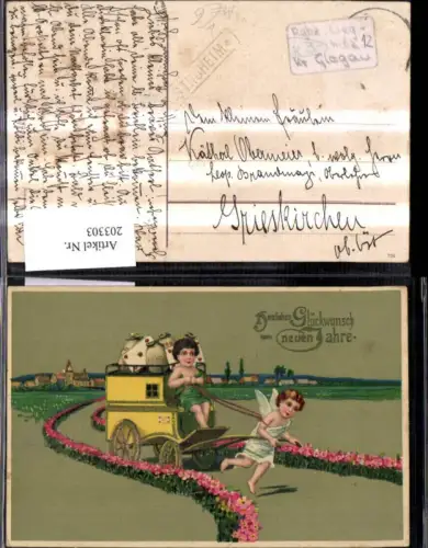 203303,Präge AK Neujahr Golddruck Engel m. Wagen Geldsäcke Briefe Landschaft pub HWB 9405