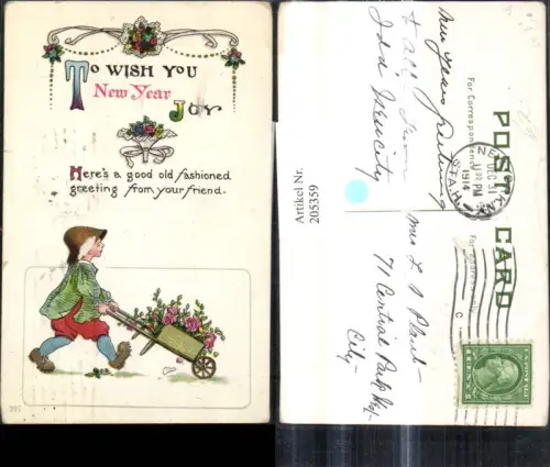 205359,Künstler Ak Neujahr New Year Bub Junge m. Scheibtruhe Schubkarre Spruch Blumen Ornament