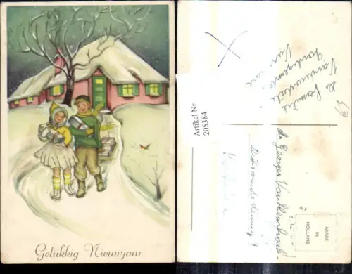 205384,Künstler Ak Kinder i. Winterlandschaft Haus Schlitten Geschenke Pakete Neujahr Nieuwjaar