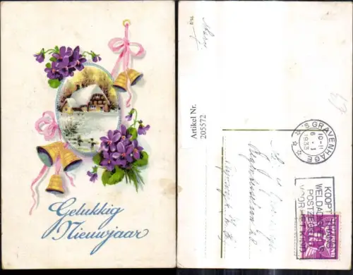 205572,Künstler Ak Winterlandschaft Haus i. Passepartout Glocken Schleifen Veilchen Gelukkig Nieuwjaar Neujahr