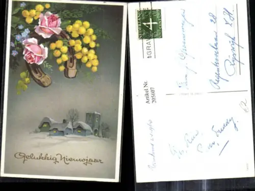 205607,Künstler Ak Winterdorf b. Nacht Hufeisen Blumen Rosen Neujahr Gelukkig Nieuwjaar