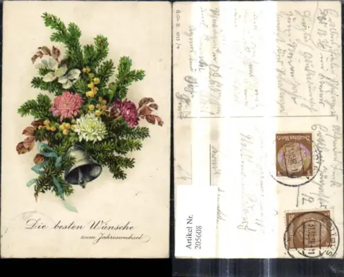 205608,Neujahr Tannenzweig Glocke Blumen Astern Jahreswechsel