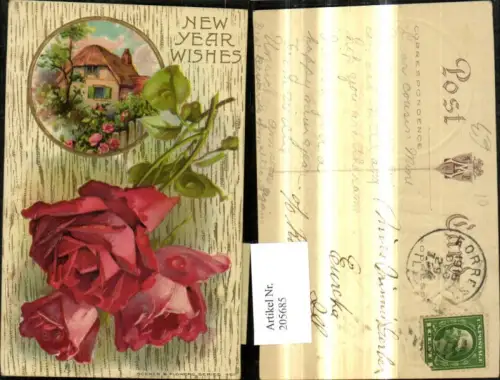 205685,Präge Ak Haus i. Passepartout Rote Rosen Blumen New Year Neujahr