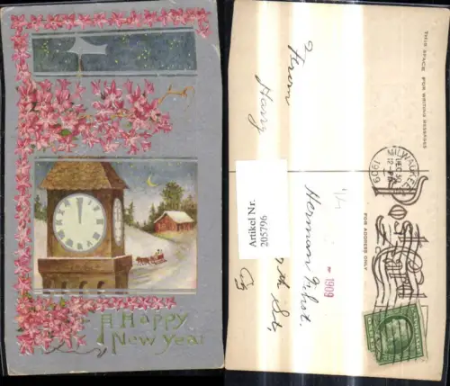 205796,Präge Litho Neujahr Kirchturm Uhr Winterlandschaft Pferdeschlitten b. Mondschein Blumen
