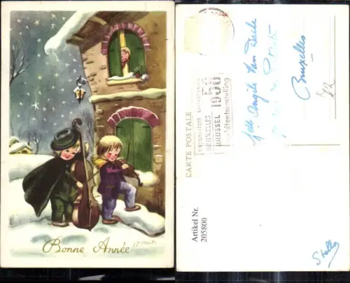 205800,Künstler Ak Neujahr Kinder spielen unter Fenster Bass Geige Winterdorf