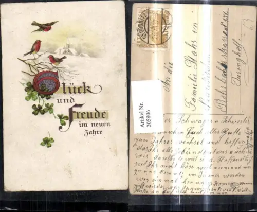 205806,Neujahr Vögel Zweig Klee Winterdorf i. Hintergrund