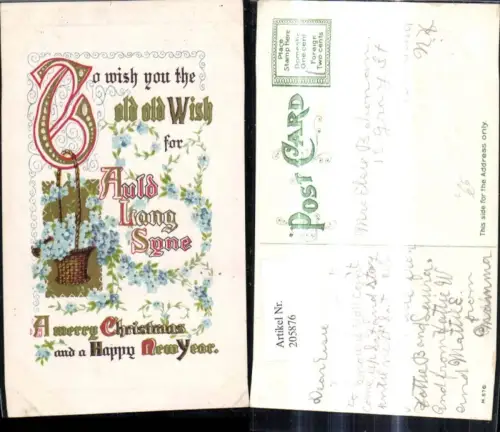 205876,Präge Litho Neujahr Spruch Text Korb m. Vergissmeinnicht Blumen Goldverzierung