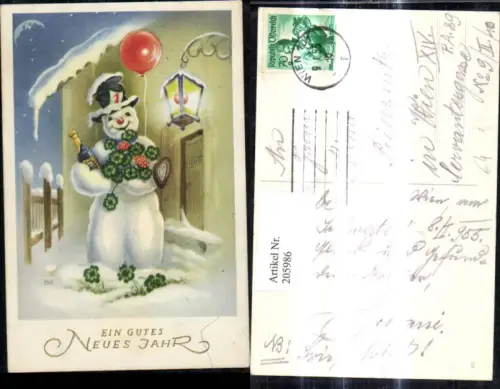 205986,Künstler Ak Neujahr Schneemann m. Sektflasche Klee Kleeblätter Fliegenpilz v. Haus Luftballon