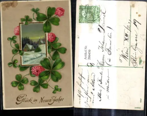 206450,Präge Ak Winterdorf Kirche Passepartout Klee Kleeblätter Kleeblüten Goldverzierung