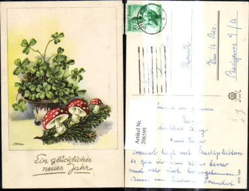 206599,Künstler Ak F. Milan Neujahr Blumentopf m. Klee Kleeblätter Tannenzweig Fliegenpilze Pilze