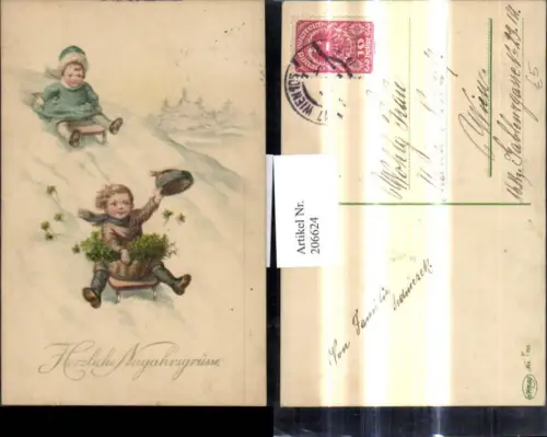 206624,Künstler Ak Neujahr Kinder a. Schlitten Rodel Fahrt v. Berg Korb m. Klee Kleeblätter