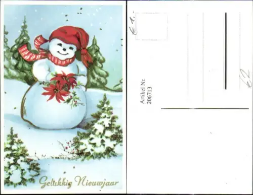 206713,Neujahr Schneemann m. Schal u. Haube Mütze Weihnachtsstern Winterwald
