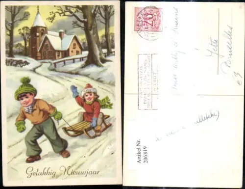 206819,Neujahr Kinder m. Schlitten Strasse Winterdorf Kirche Goldverzierung