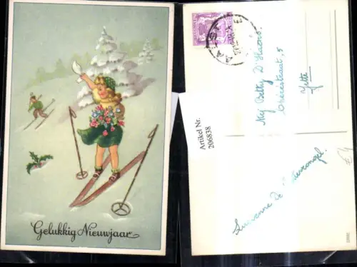 206838,Neujahr Mädchen b. Skilaufen Schi Ski Blumenstrauß Winterlandschaft