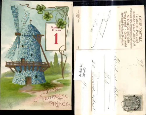 206840,Litho Windmühle a. Blumen Blüten Kalenderblatt 1 Neujahr Klee Kleeblätter Goldverzierung