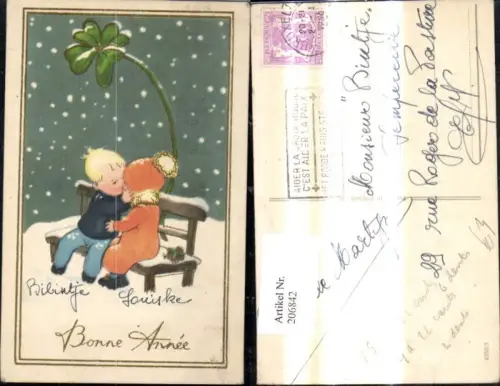 206842,Neujahr Kinder Kuss a. Bank Klee Kleeblatt Winter Schneefall