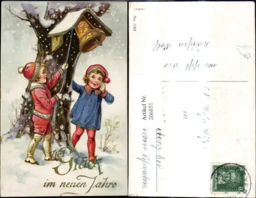 206851,Präge Ak Kinder lauten Glocke m. Dach Baum Schnee Neujahr Goldverzierung