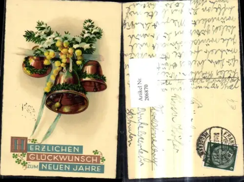 206870,Neujahr Glocken Tannenzweig Schnee Blumen