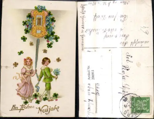 206911,Präge Ak Kinder m. Glocke 1 Schleife Klee Blumen Neujahr Goldverzierung