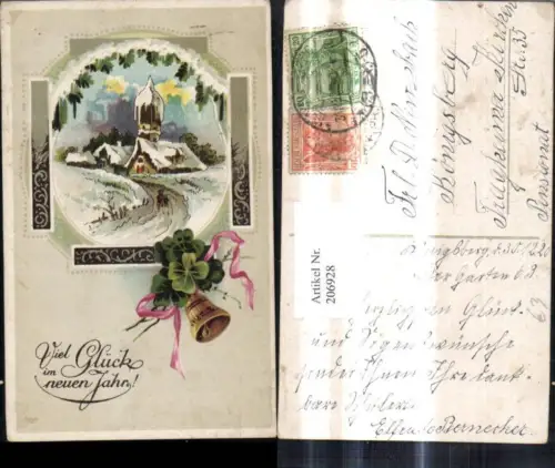 206928,Neujahr Winterdorf Kirche Passepartout Glocke Klee Kleeblatt Schleife