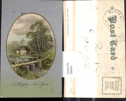 206954,Präge Ak Frau Brücke Haus Landschaft Passepartout