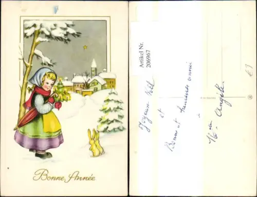 206967,Künstler Ak Neujahr Mädchen m. Christbaum Weihnachtsbaum Hasen v. Winterdorf Winterlandschaft