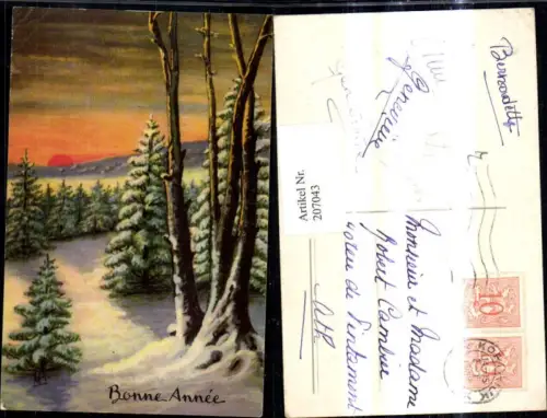 207043,Künstler Ak Neujahr Tannenbaum Schnee Winterwald Sonnenuntergang Bonne Annee