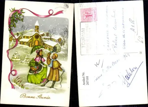 207101,Künstler Ak Neujahr Paar i. Winterdorf Kirche Korb Schirm Hut Schleife Passepartout