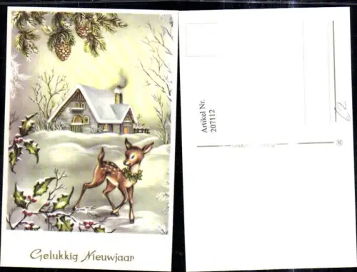 207112,Künstler Ak Neujahr Reh Wild v. Haus Winterlandschaft Tannenzweige Zapfen Stechpalme