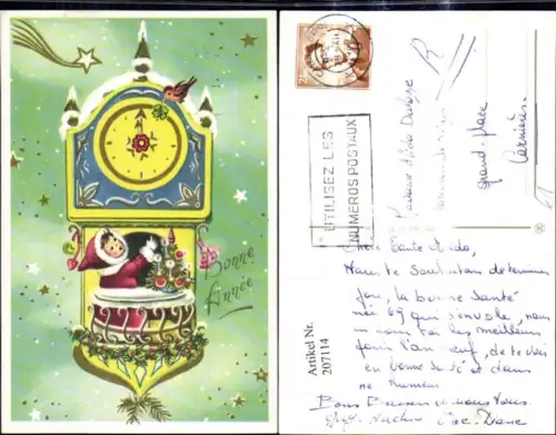 207114,Neujahr Mädchen i. Mantel Pelz Haube Uhr Christbaum Weihnachtsbaum Sterne Vogel