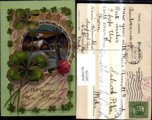 207129,Präge Ak Neujahr Haus Winterlandschaft Passepartout Klee Kleeblüte Goldverzierung