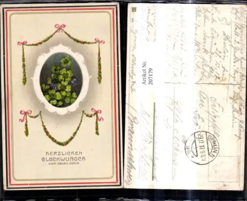 207179,Präge Ak Neujahr Klee Passepartout Schleife Girlande Patriotik