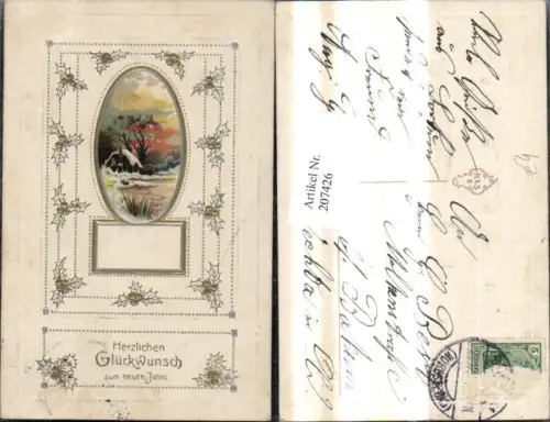 207426,Präge Ak Winterlandschaft Passepartout Stechpalme Goldverzierung