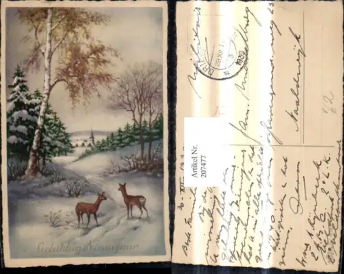 207477,Künstler Ak Winterwald Wild Rehe Birke Neujahr pub Erika 6178