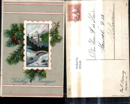207649,Neujahr Winterlandschaft Schloss Brücke Passepartout Tannenzweige Zapfen pub HWB 4336