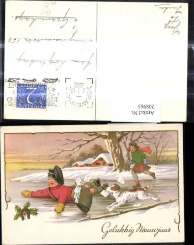 208965,Künstler Ak Bub Junge Post rutscht a. Bauch a. Eis Hund Briefe Winterlandschaft