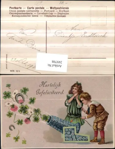 249798,Präge Litho AK Neujahr Junge u. Mädchen Zündschnur Kanone aus Vergissmeinnicht Klee Hufeisen Briefe
