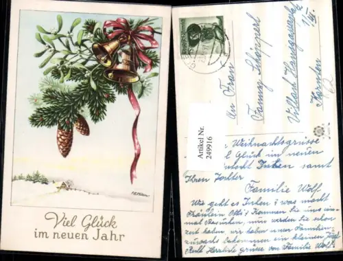 249916,Künstler AK F. G. Milan Neujahr Winterlandschaft Tannenzweig Zapfen Glocken Mistelzweig Schleife