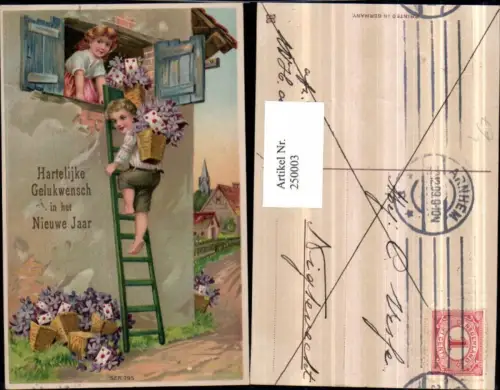 250003,Präge Litho AK Neujahr Junge klettert Leiter zu Mädchen hoch Körbe Veilchen Briefe
