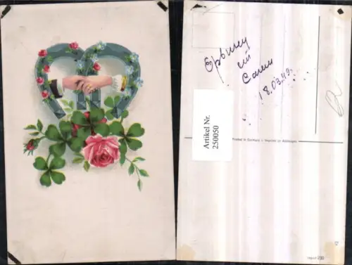 250050,Neujahr Frau u. Mann Händchen haltend Ring Hufeisen Rosen Vergissmeinnicht Kleeblätter