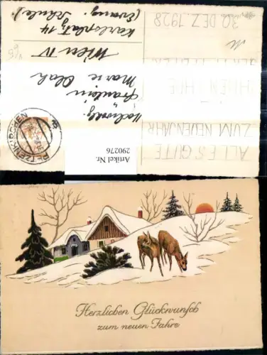 290276,Präge Künstler Ak Neujahr Rehe Wild Haus Winterlandschaft Sonne a. Horizont pub Erika 6312