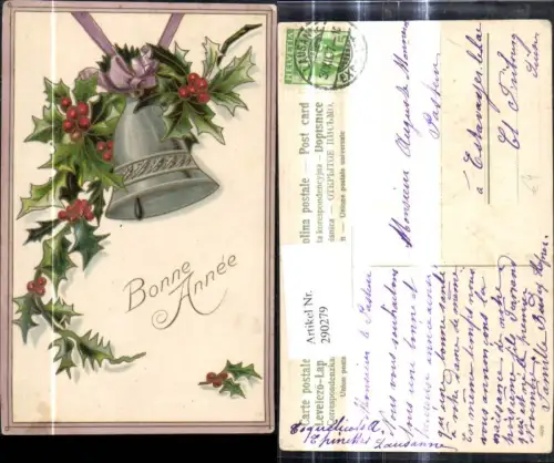 290279,Präge Ak Neujahr Glocke Stechpalmen Zweig Schleife Bonne Anne